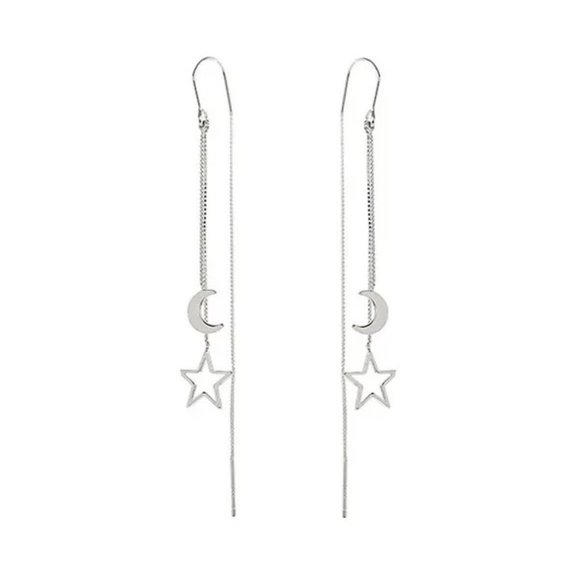 Silver Moon Star Threader Long Tassel Earring Chain, Drop Dangle Woman Earrings - Picture 8 of 8